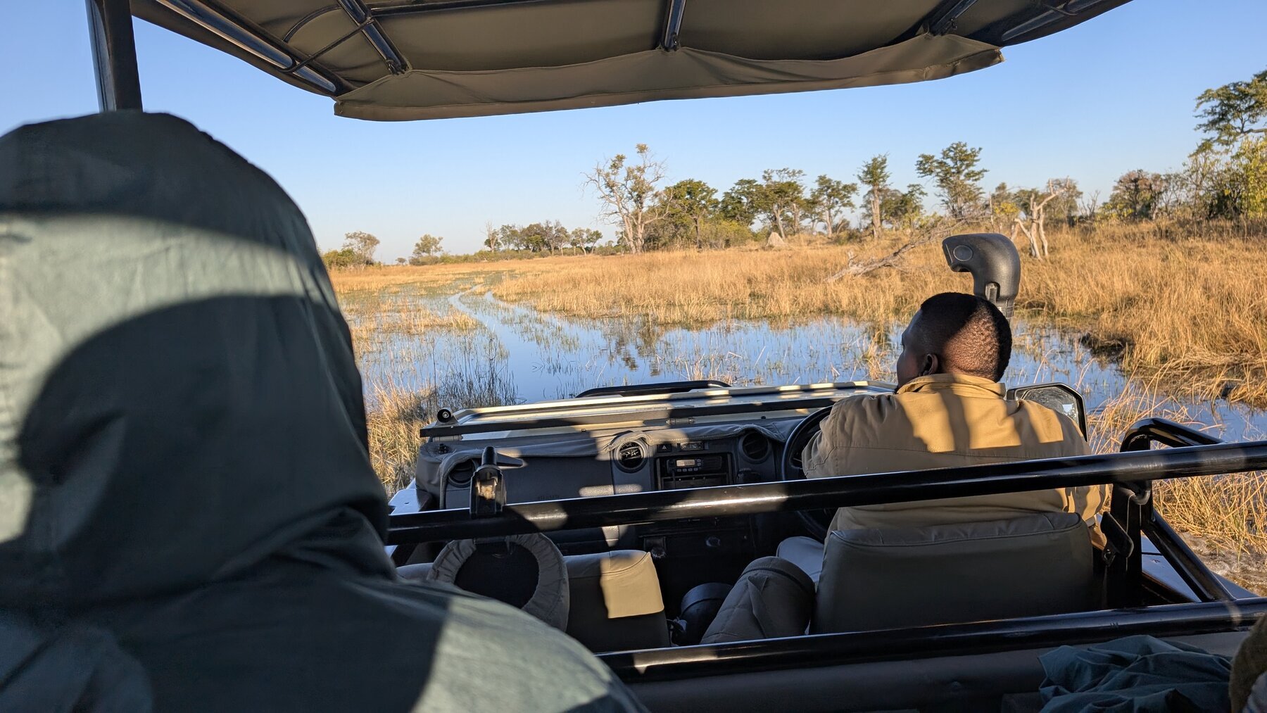 A view of the "road" covered in water -- typically 1-2 feet deep, though we had some deeper crossings.