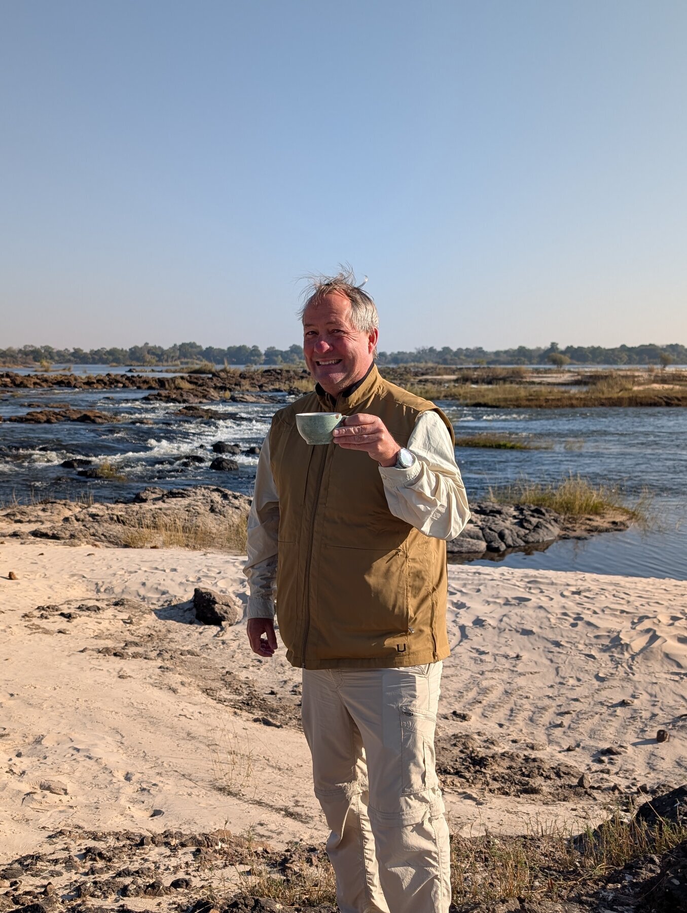 Coffee break on the Zambezi river. It was winter in early August -- probably 40s when we started, but 60s by late morning.