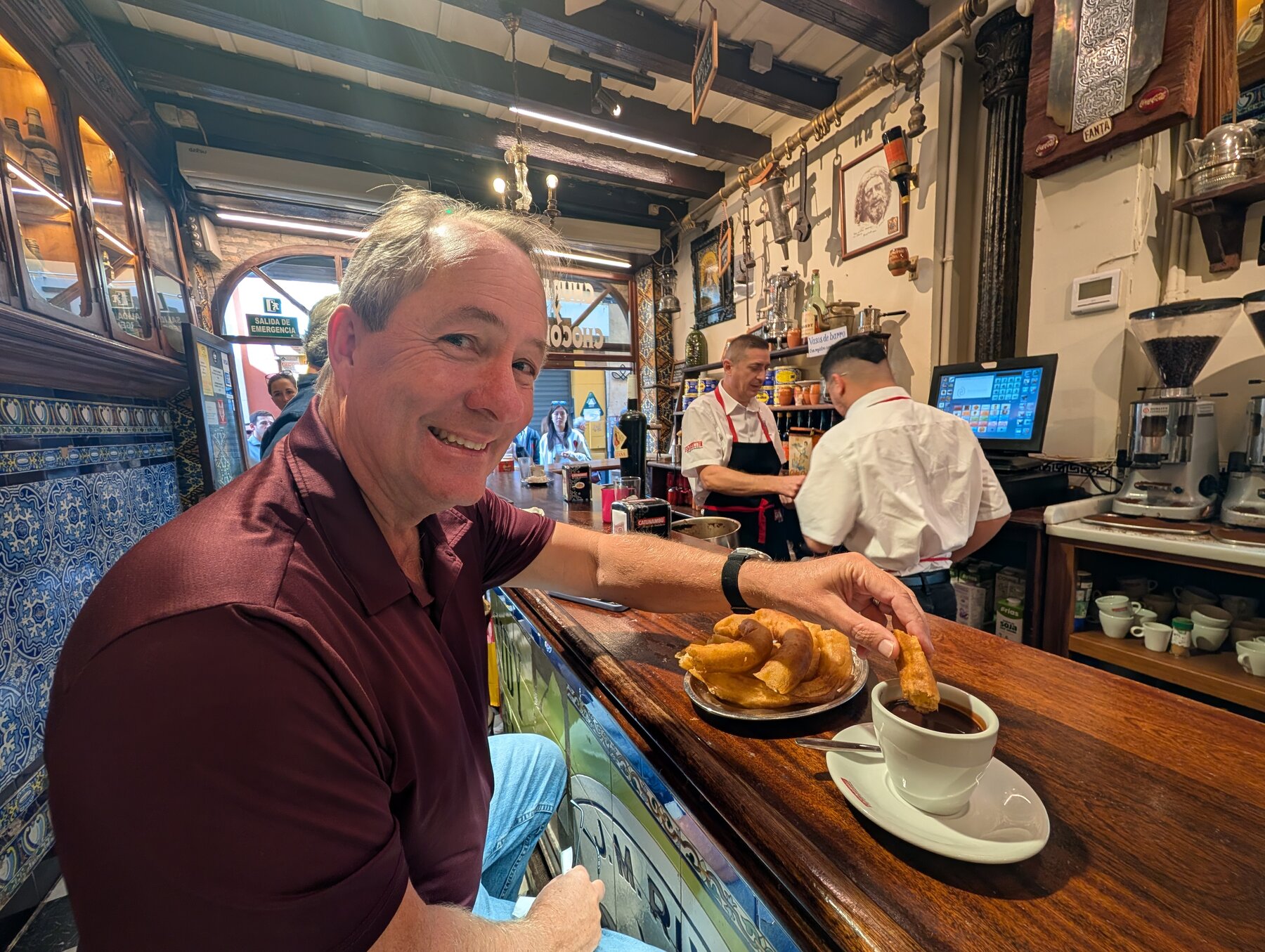 The churros are completely unlike what we get in California -- light/airy, and a great breakfast dipped in fresh chocolate.